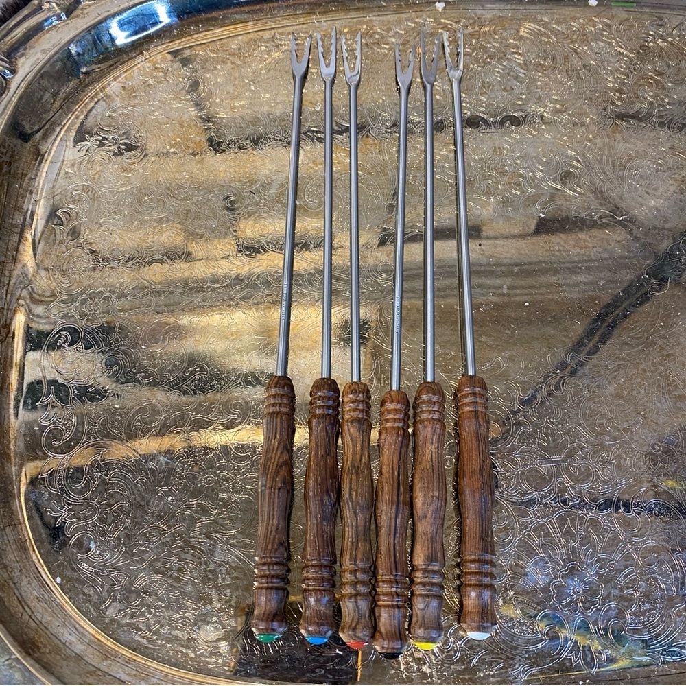 Vtg Set of 8 Stainless Steel Fondue Forks Wood Handle Color End Germany